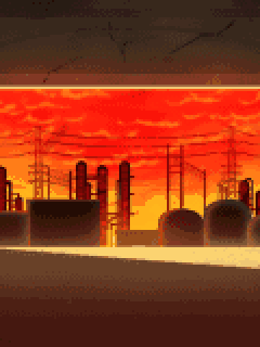 【背景】夕焼けにそまった廃工場の入り口